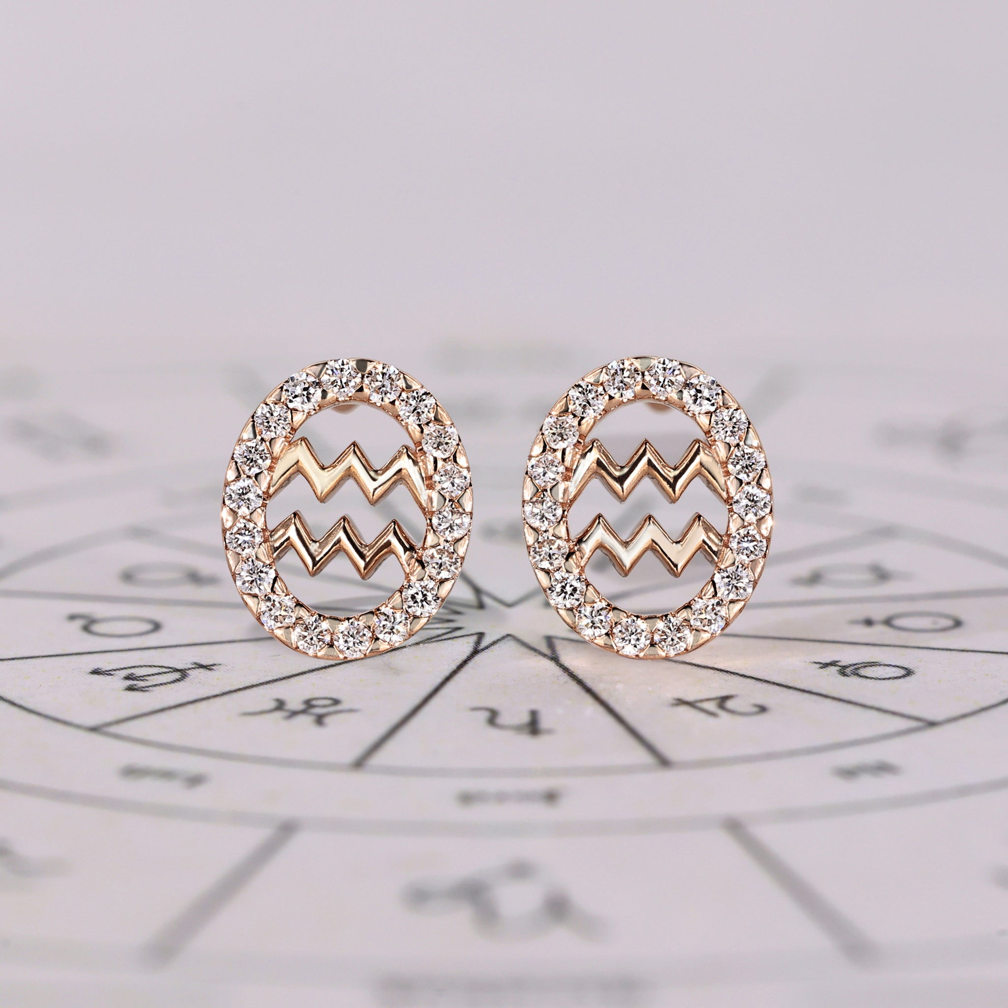 Aquarius earrings in rose gold with round diamond halo studs.
