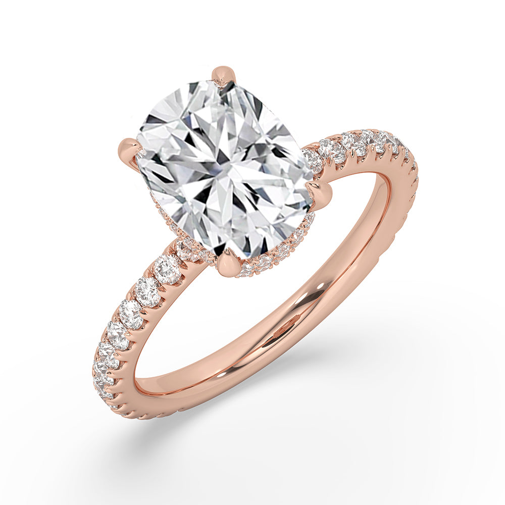 Double hidden halo engagement ring with round cut lab grown diamond.
