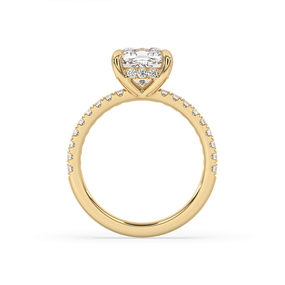 Carat diamonds ring with a 4 prong claw setting and hidden halo.
