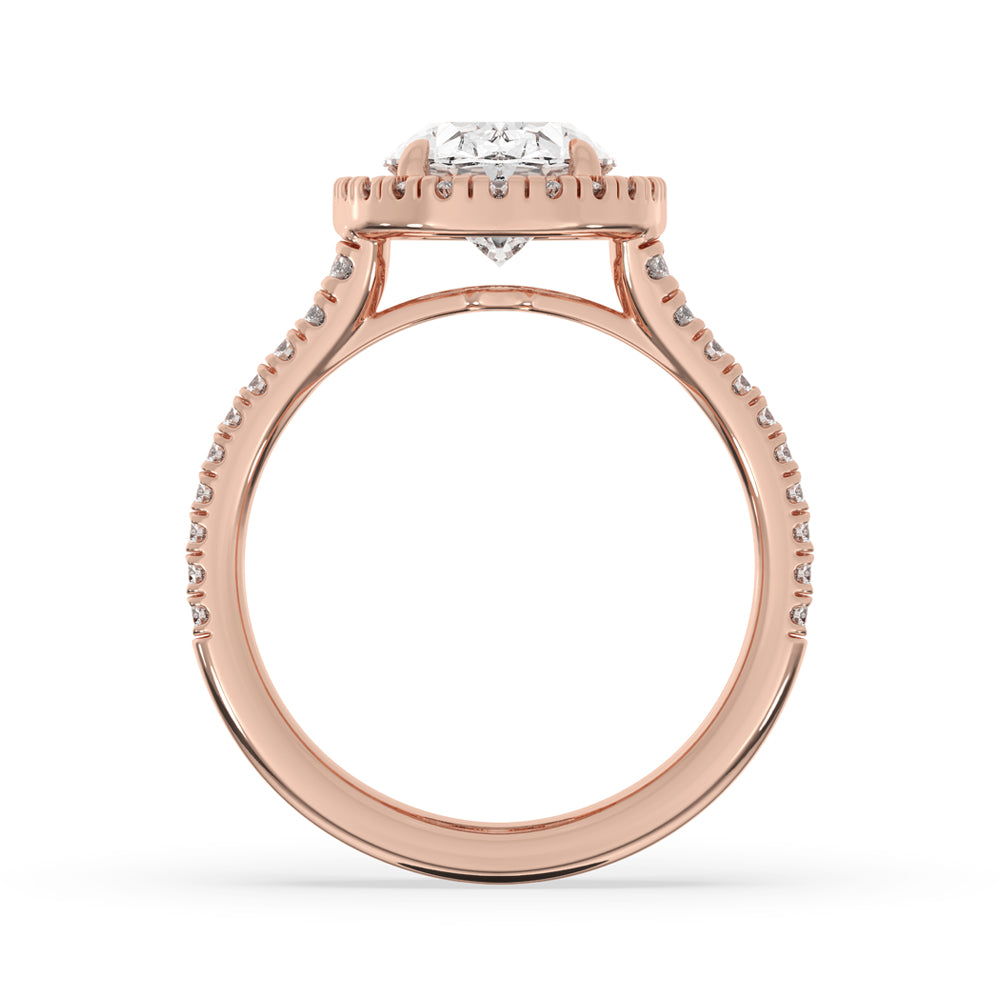 oval halo diamond engagement ring with carat diamonds and claw prongs.