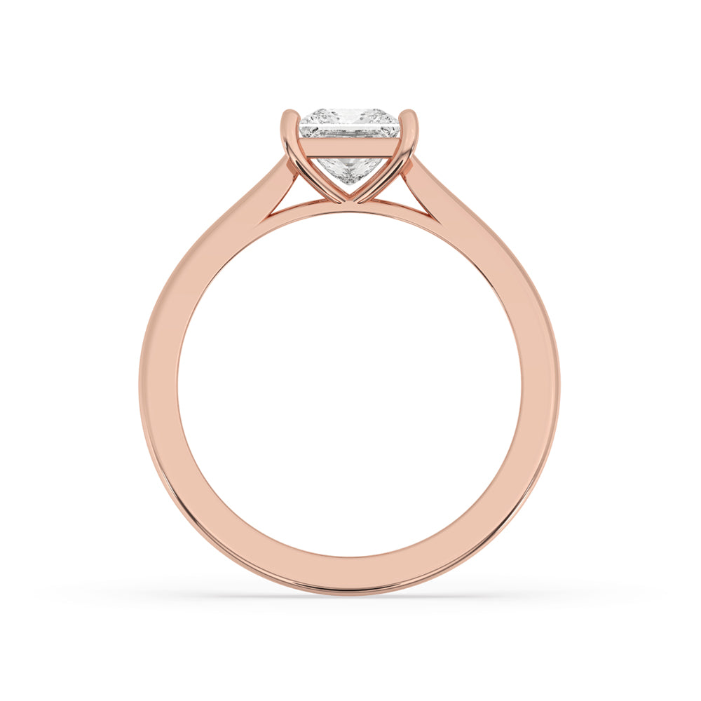 Handcrafted Princess Cut Solitaire Diamond Ring with a tapered ring shank in a rose gold finish.

