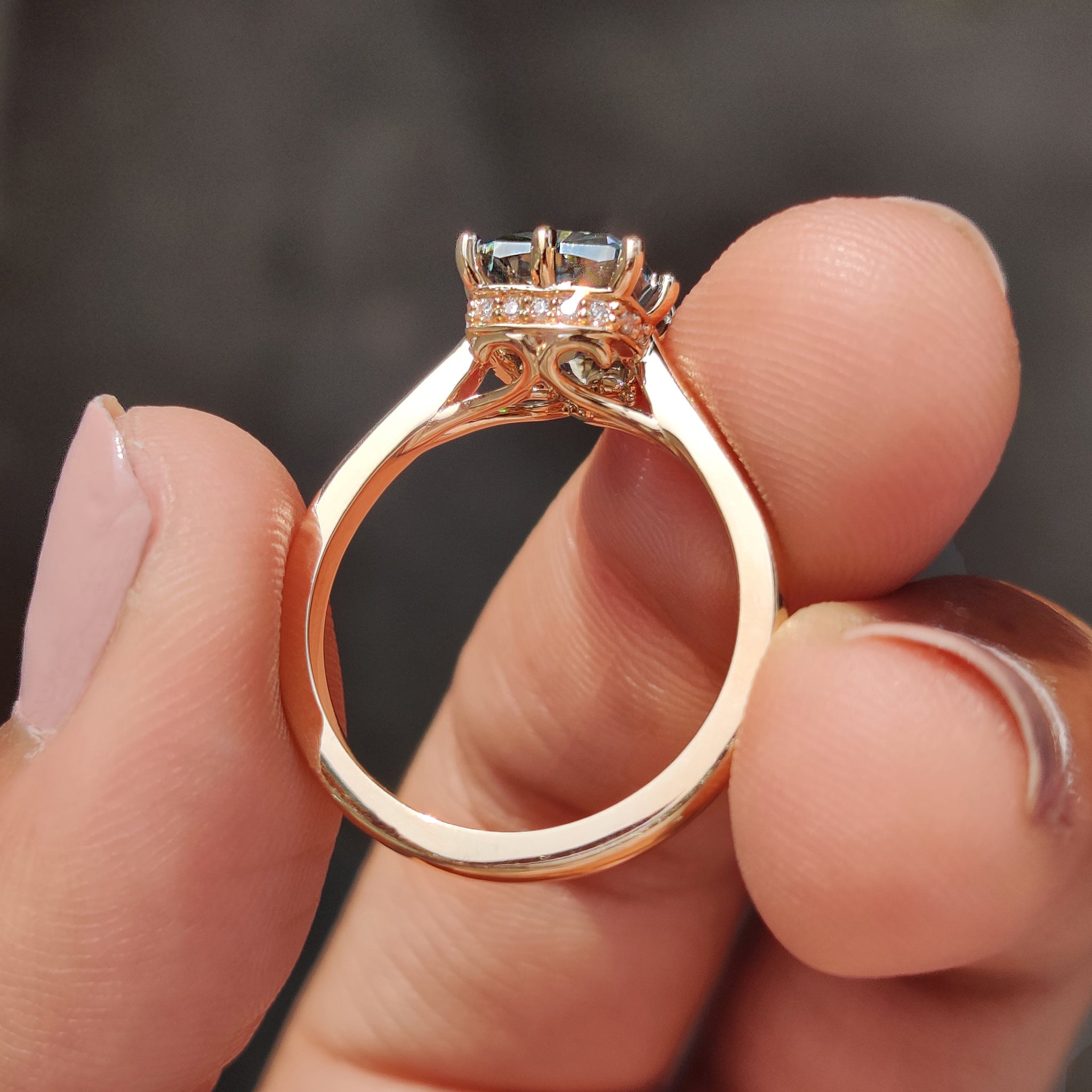 Eight prong setting holds stones with firm stylish charm.