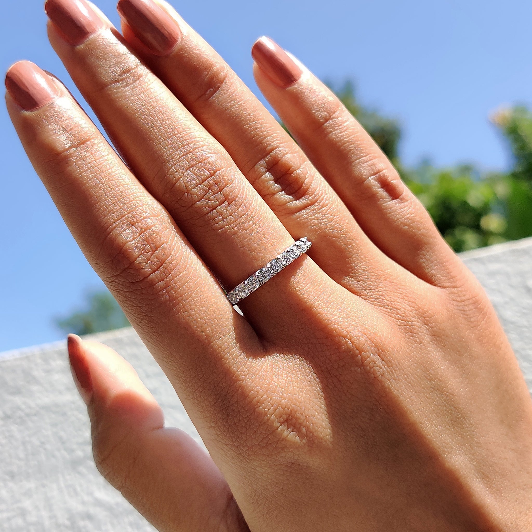 Moissanite eternity band and handmade band.