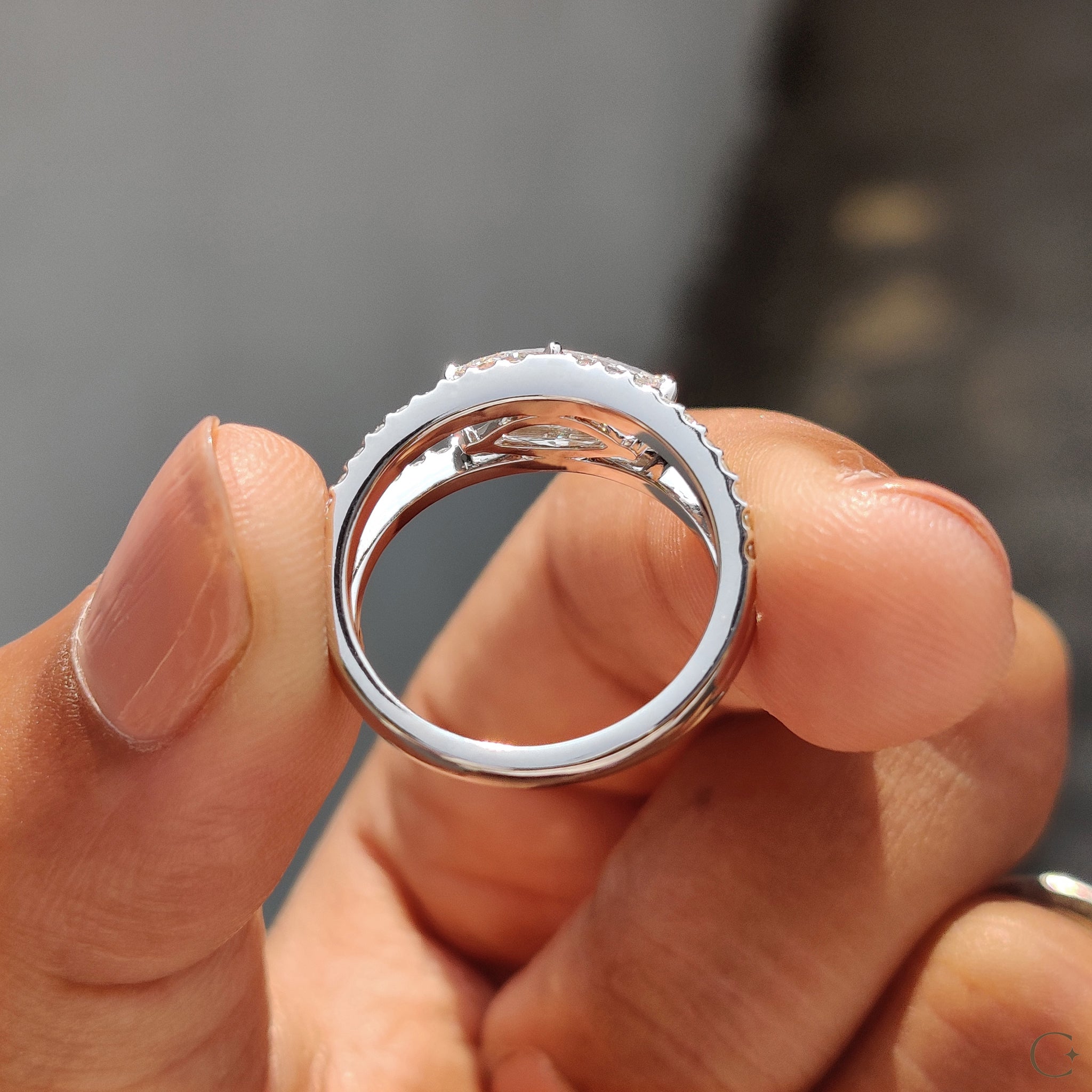 Handmade jewelry showcasing a modern marquise ring.
