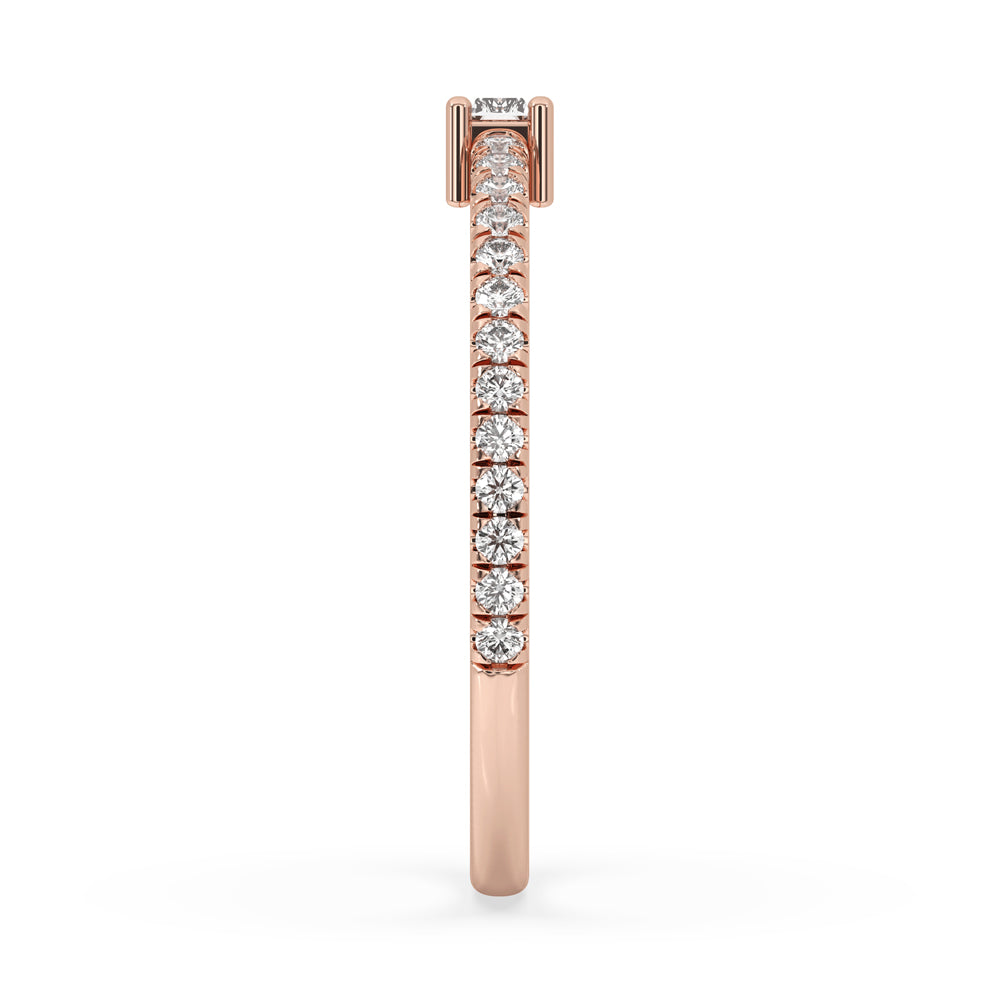 East West diamond ring with pave band, 4 prong round engagement ring.
