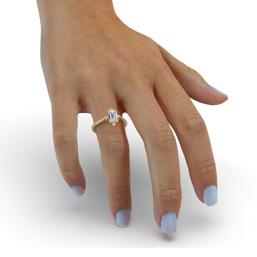 Emerald diamond ring with pave band and tapered engagement ring style, carat diamonds engagement ring elegance.