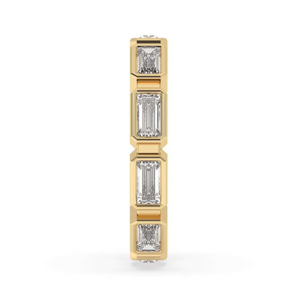 Unique diamond baguette band with carat diamonds in a contemporary bezel setting.

