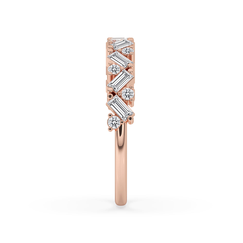 Modern baguette round diamond band showcasing fine details and brilliance.
