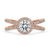 Stunning gold crossover ring featuring a radiant halo diamond ring with a secure 4 prong ring setting for elegance and style.
