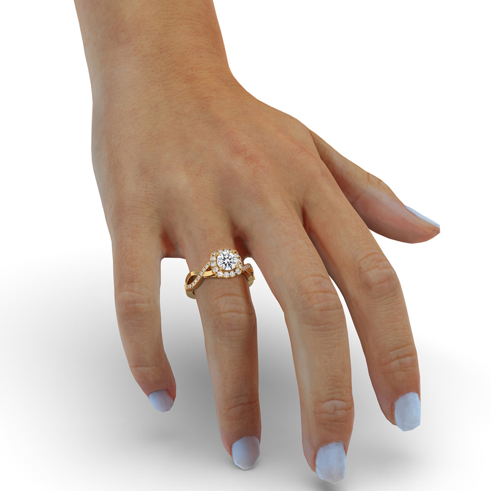 Beautiful halo diamond engagement ring with a round cut diamond ring in a twisted band engagement ring setting for a unique design.
