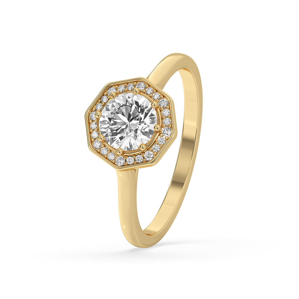 Round halo engagement ring with halo diamond ring round style, showcasing an IGI certified Lab Grown Diamond.