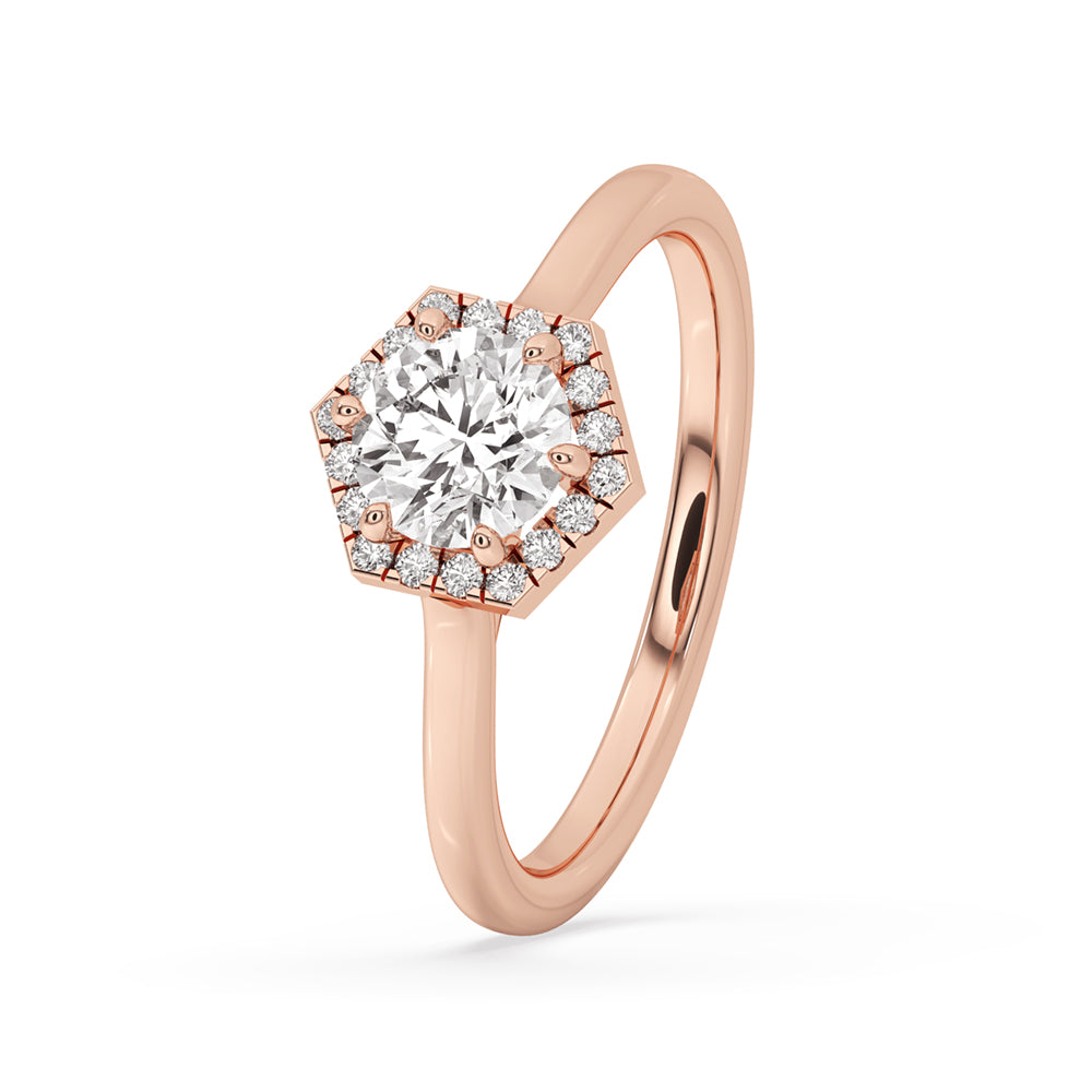 Hexagon Shape Halo Engagement Ring In Rose Gold