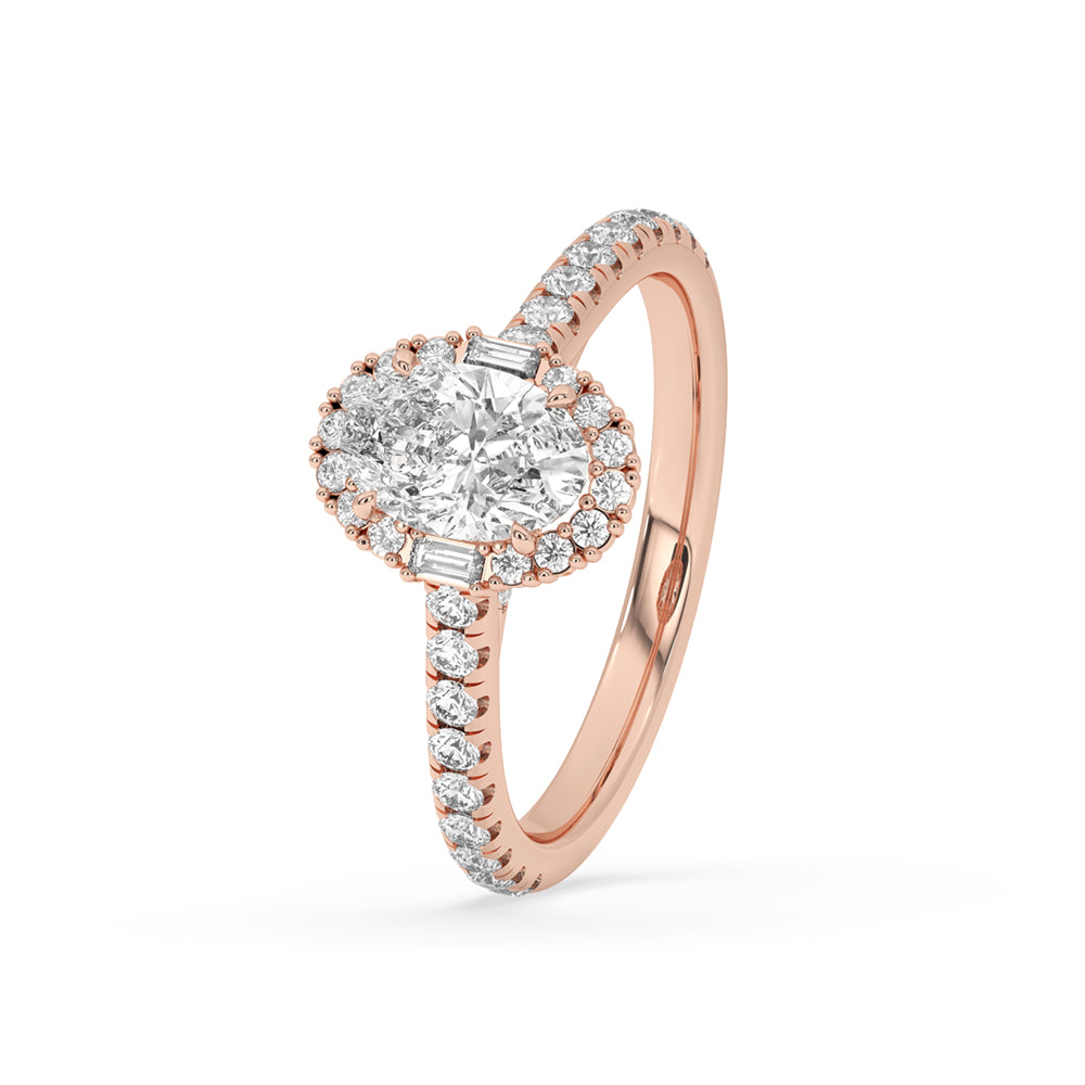 This oval halo diamond engagement ring is complemented by a luxurious pave band, adding a touch of sparkle and sophistication.