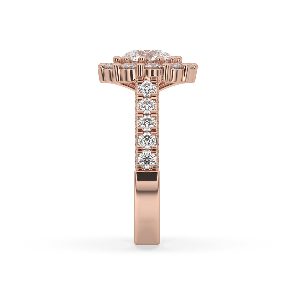Cathedral setting ring in rose gold engagement ring finish.
