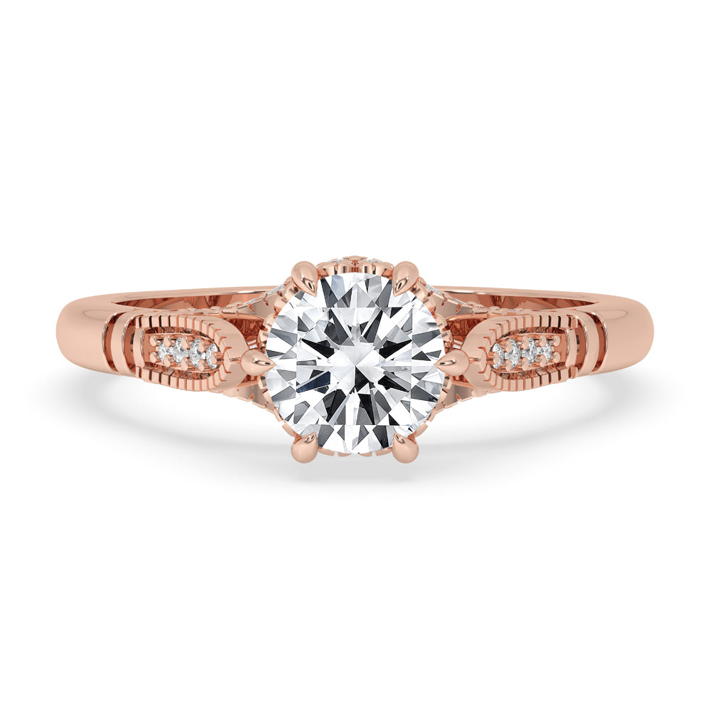 Vintage Rose Gold Milgrain Engagement Ring featuring a diamond bridge setting and igi certified Lab Grown Diamond.