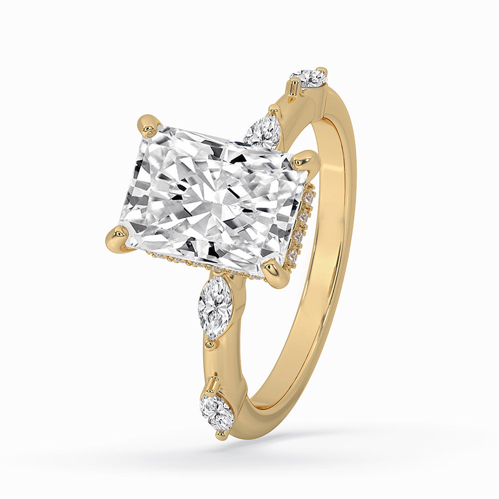 Radiant cut diamond ring with stunning pave setting.
