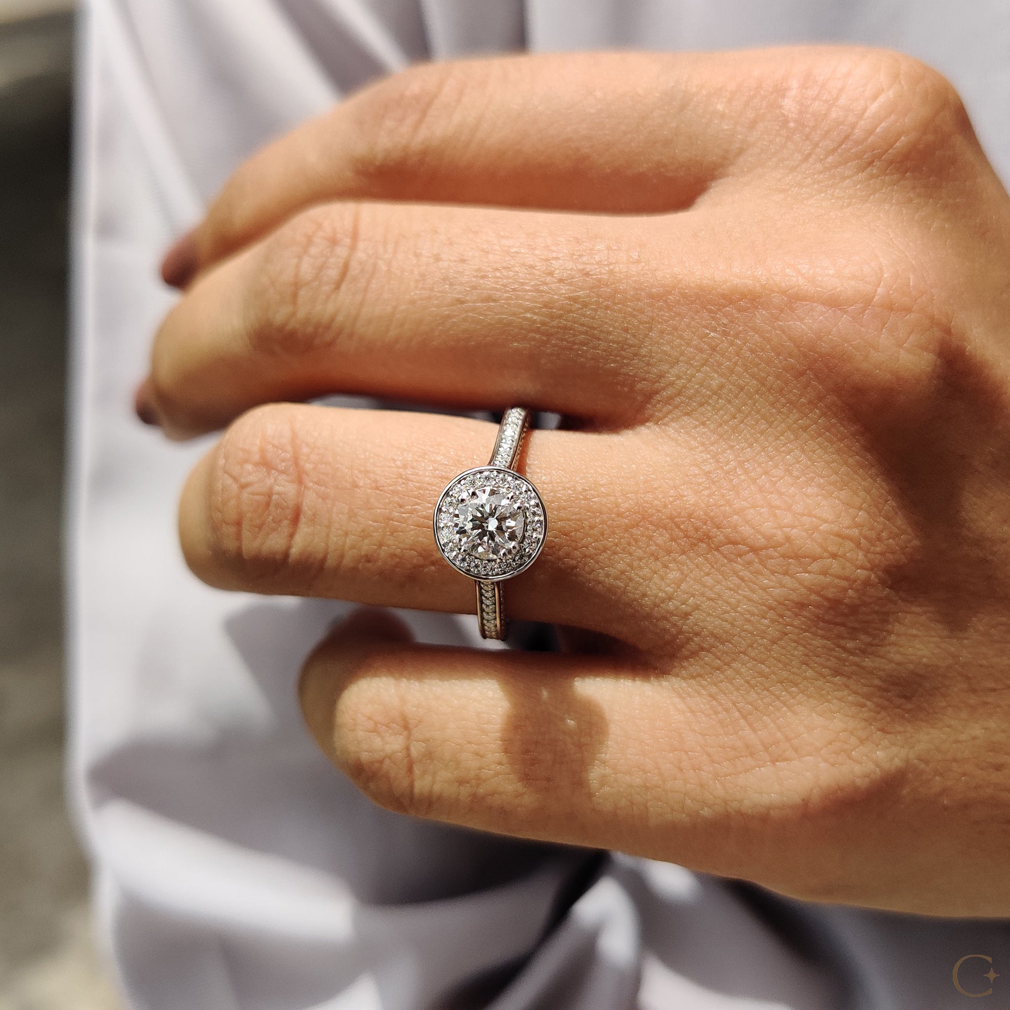 Three-sided pave engagement ring with dazzling diamonds.
