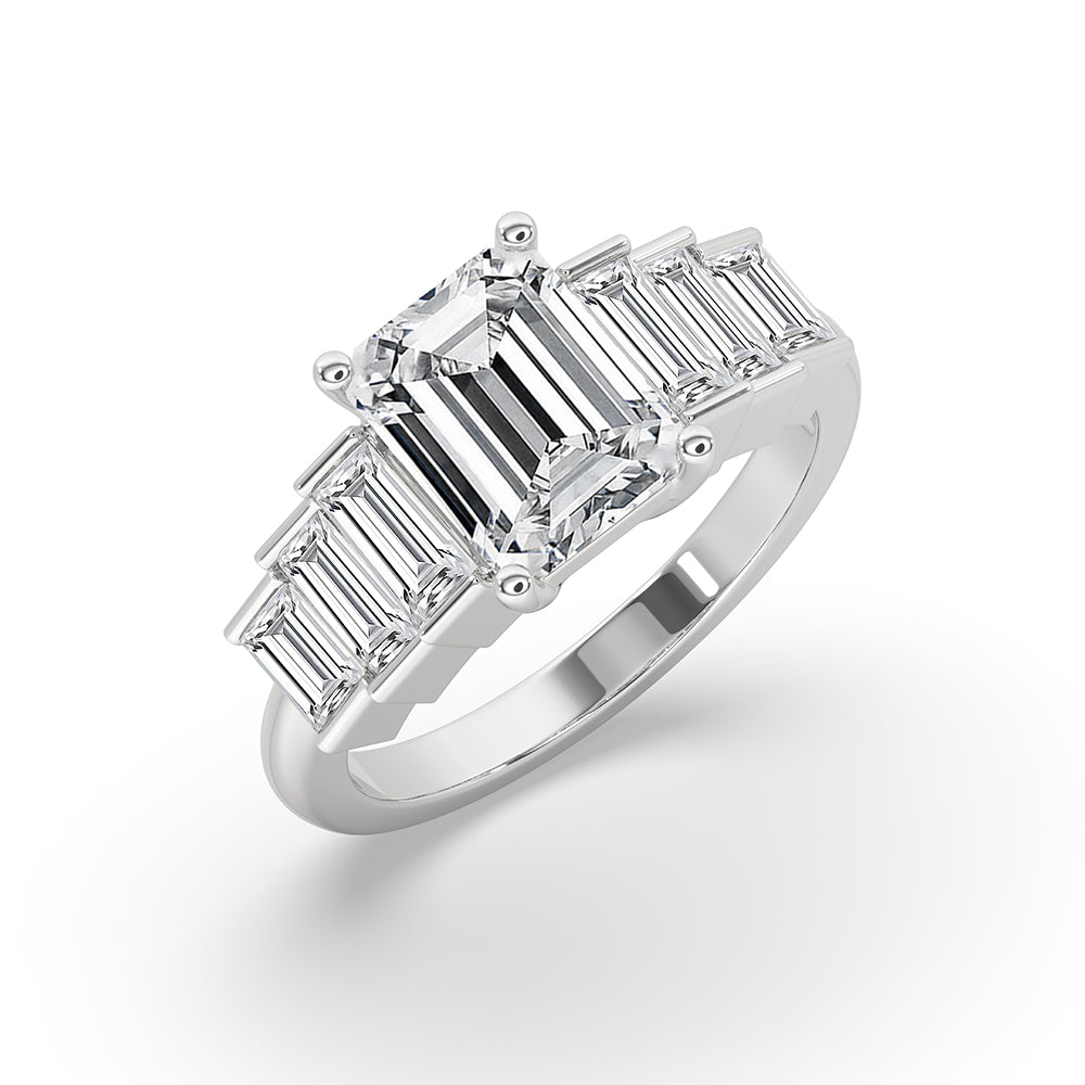 7-stone diamond ring with baguette side stones.
