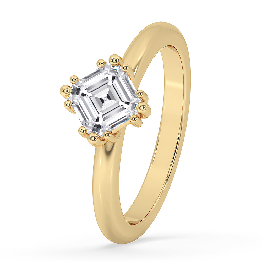 Triple prong engagement ring featuring a beautiful Asscher cut diamond.
