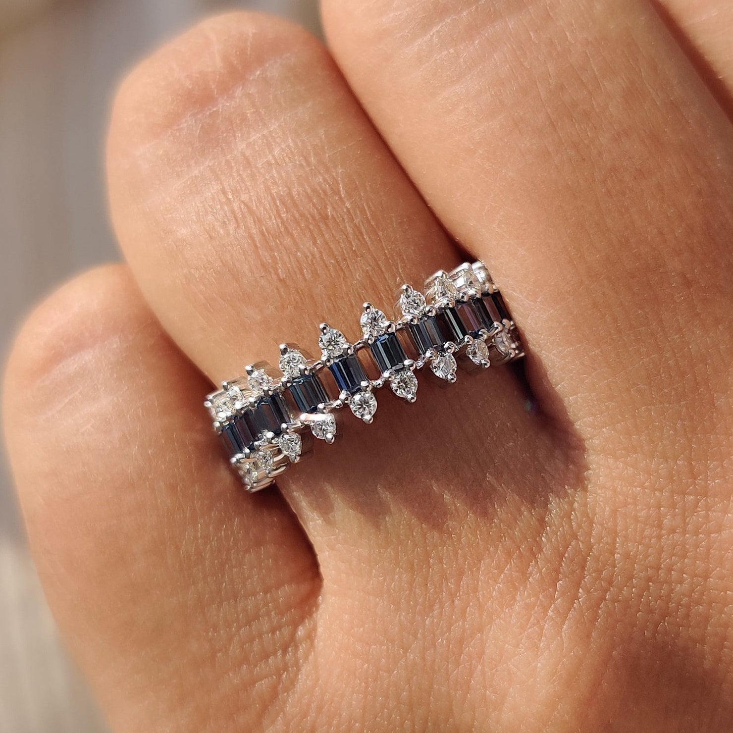 Baguette And Round Cut 3 Row Diamond Band