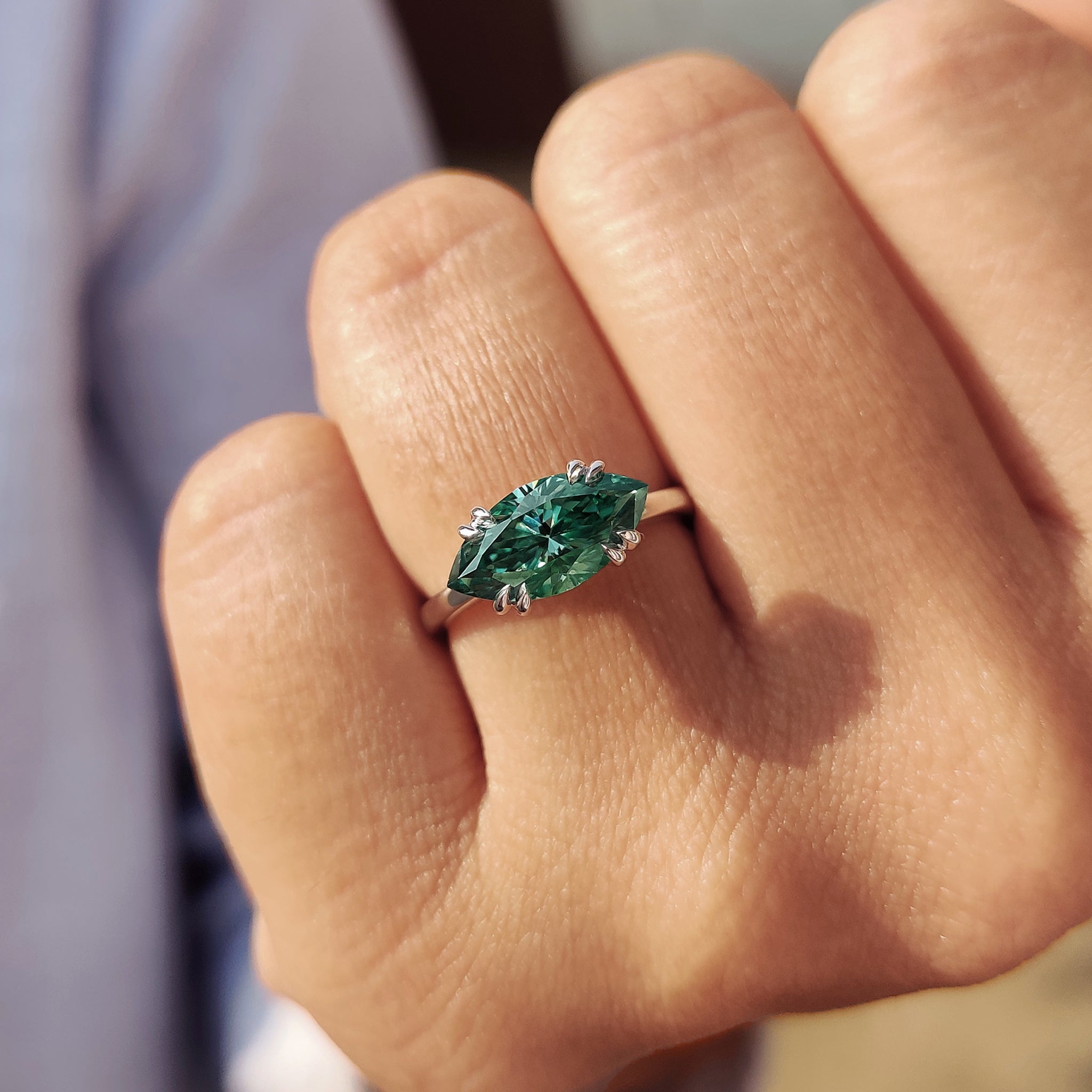 Handmade white gold engagement ring with marquise Moissanite