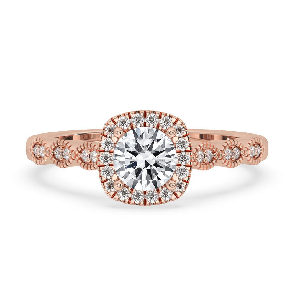 Round halo engagement ring with diamond halo setting and Lab Grown Diamond, crafted as handmade jewelry.

