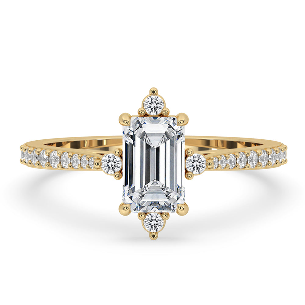 Unique engagement ring with emerald cut diamond and claw prongs, featuring Lab Grown Diamond and handmade jewelry beauty.