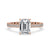 Elegant Emerald Cut Diamond Ring with a hidden halo setting, featuring a pave diamond band and claw prong setting for a sophisticated look.
