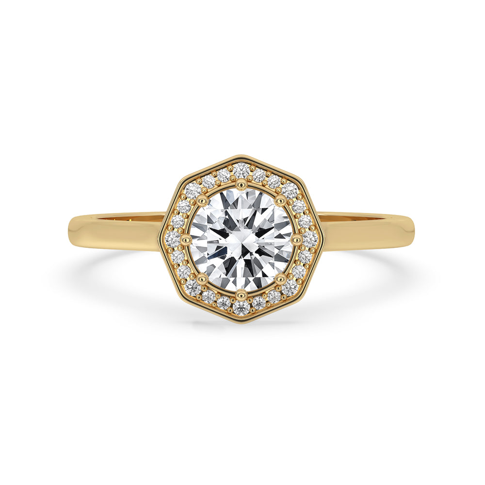 Diamond halo engagement ring with round diamond in halo setting, featuring Lab Grown Diamond and IGI certification.