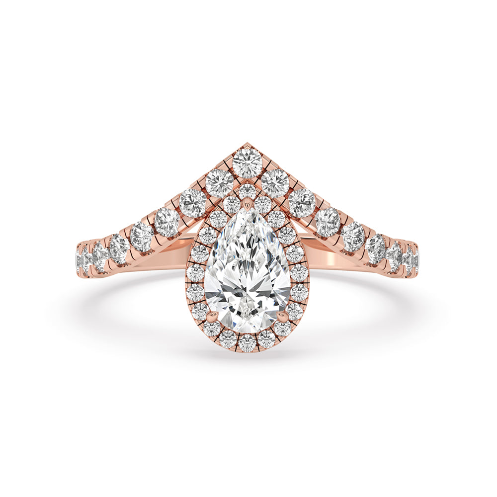 Pear halo engagement ring featuring a stunning teardrop diamond and a delicate claw setting for a secure hold.