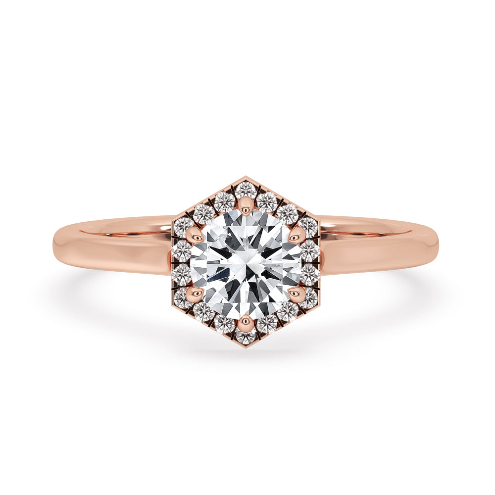 Hexagon Shape Halo Engagement Ring In Rose Gold