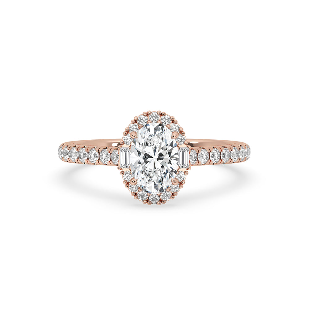 Oval halo engagement ring featuring a stunning oval halo diamond ring design, showcasing a radiant gemstone in a delicate setting.