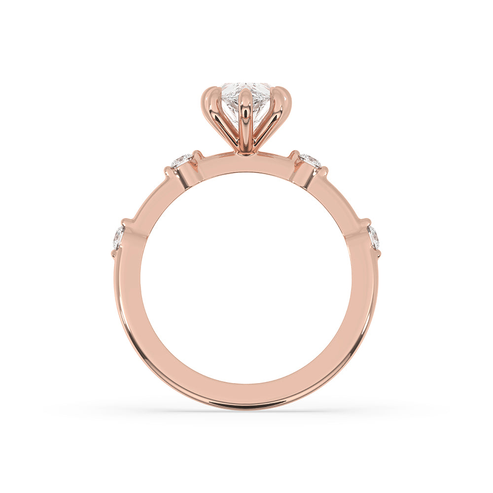 Rose gold diamond ring paired with a stunning 6 prong claw setting.
