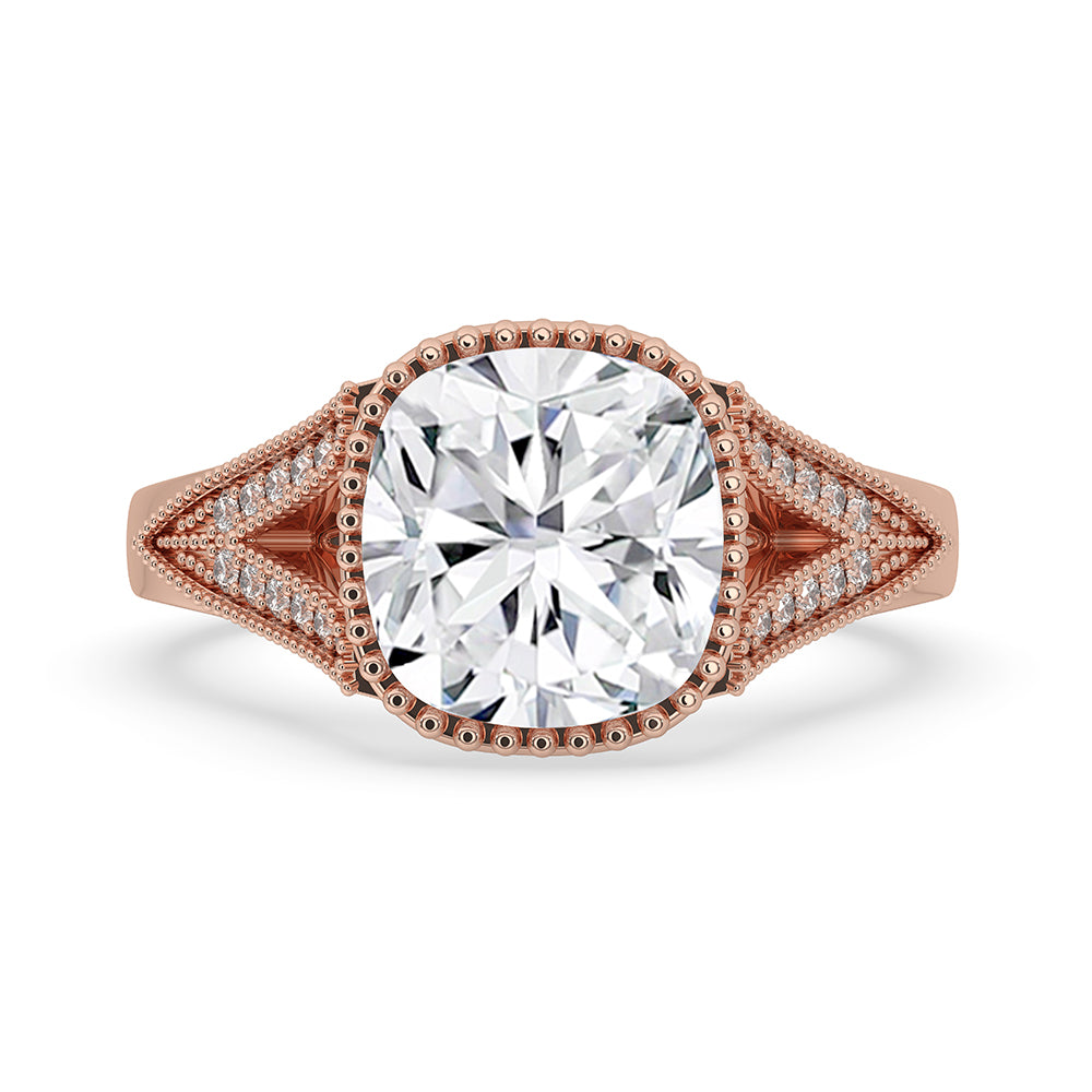 Milgrain Engagement Ring Setting with a cushion cut diamond.
