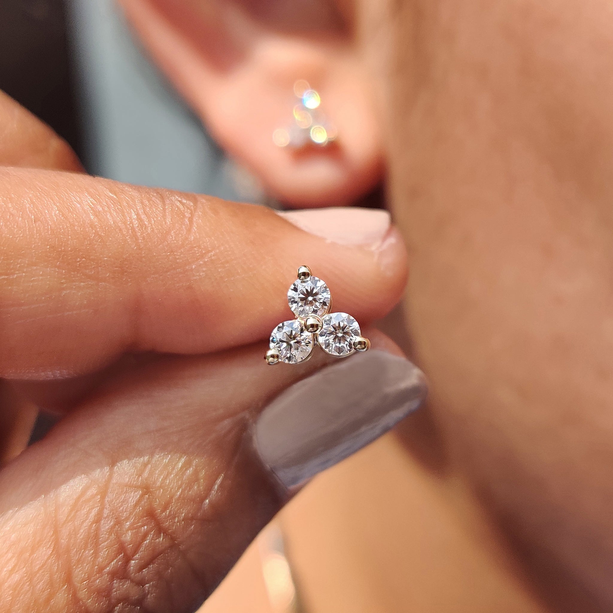 Push back earrings added to 3 Stone Stud Earring design for Wedding Gifts for Women.
