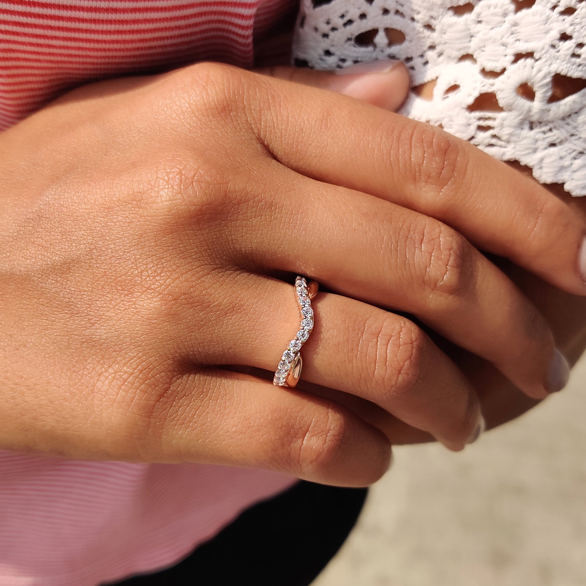 Round Diamond Rose Gold Curved Wedding Band