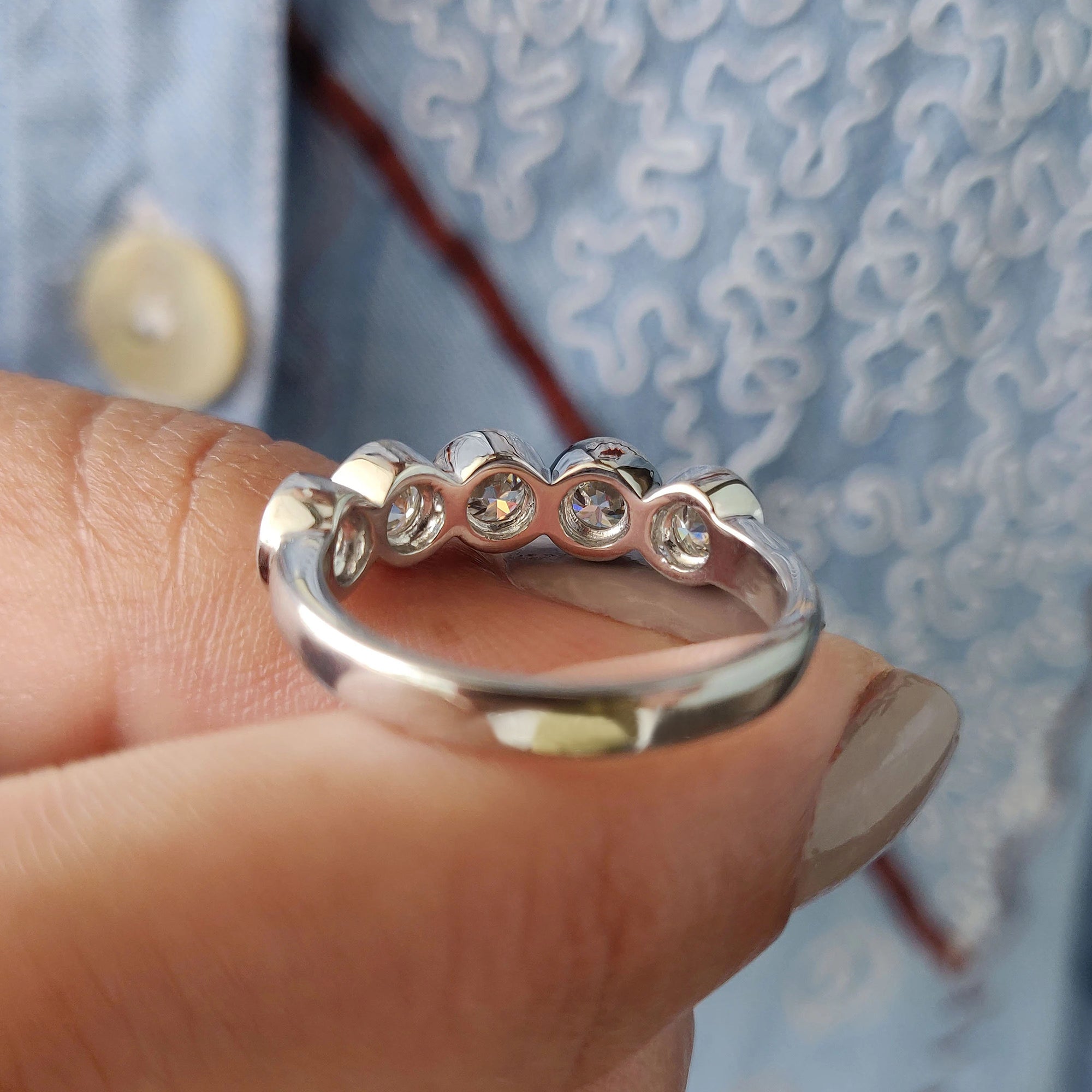 Moissanite wedding band with a modern touch.
