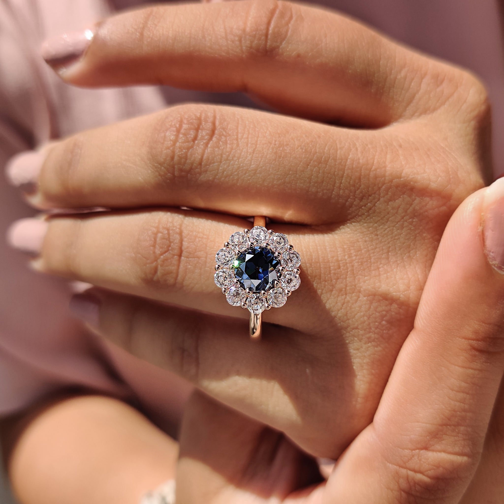 Old European cut engagement ring set in rose gold, ideal for a sophisticated style.
