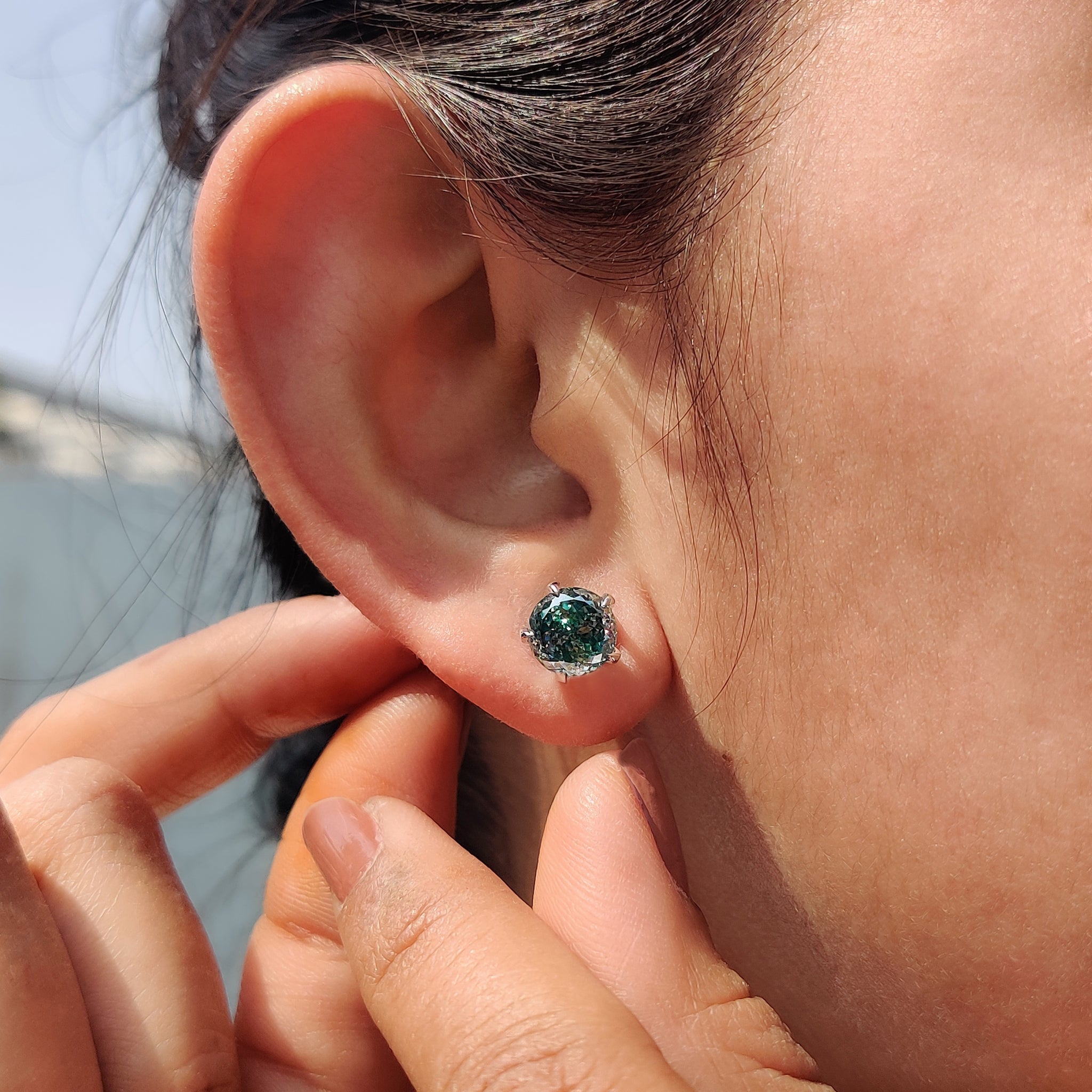 Moissanite stud earrings created for earrings for women in Portuguese cut design.
