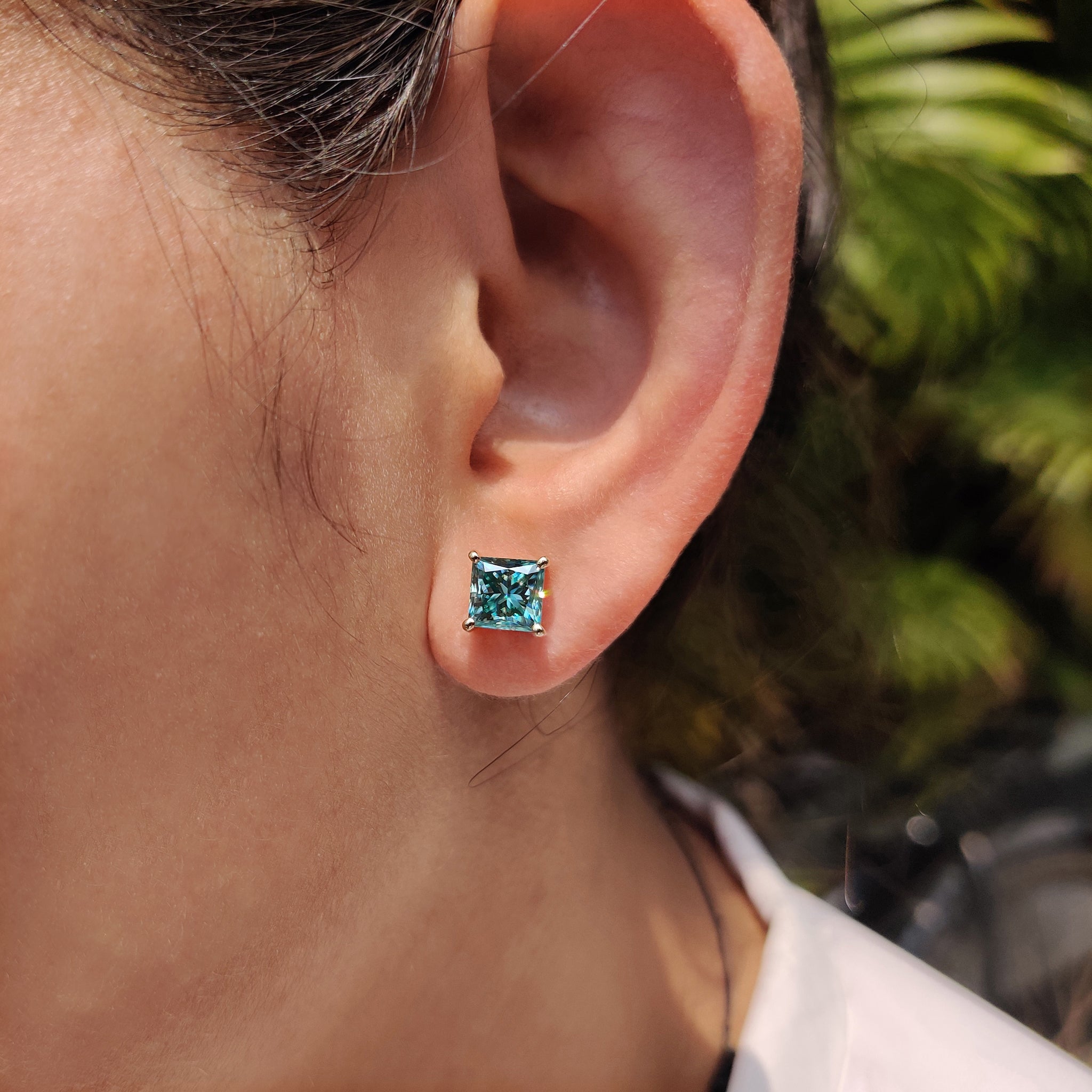 Wedding Gifts for Women made with yellow gold earrings and Princess Cut Moissanite earrings.
