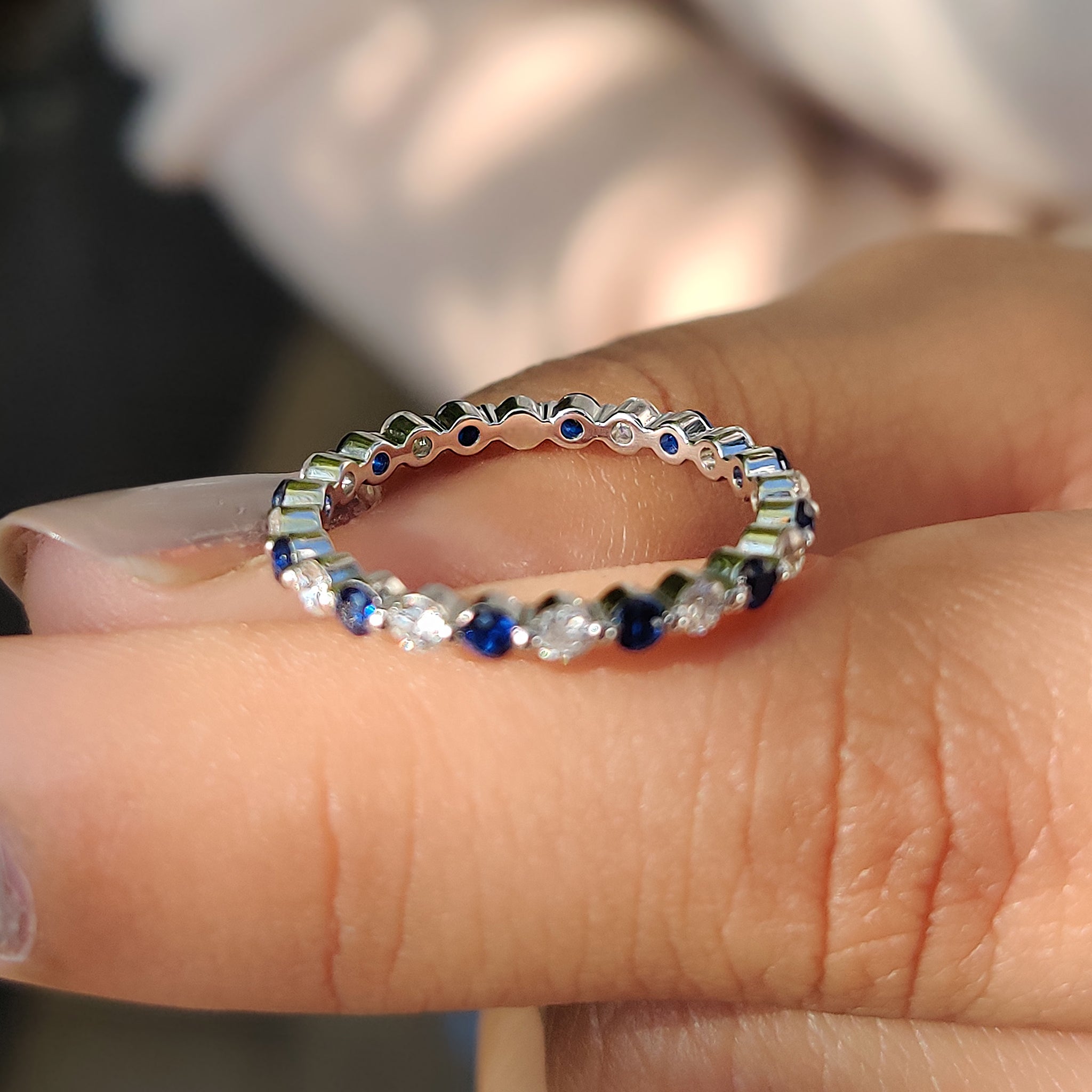 Blue diamond eternity band for a bold and colorful touch.
