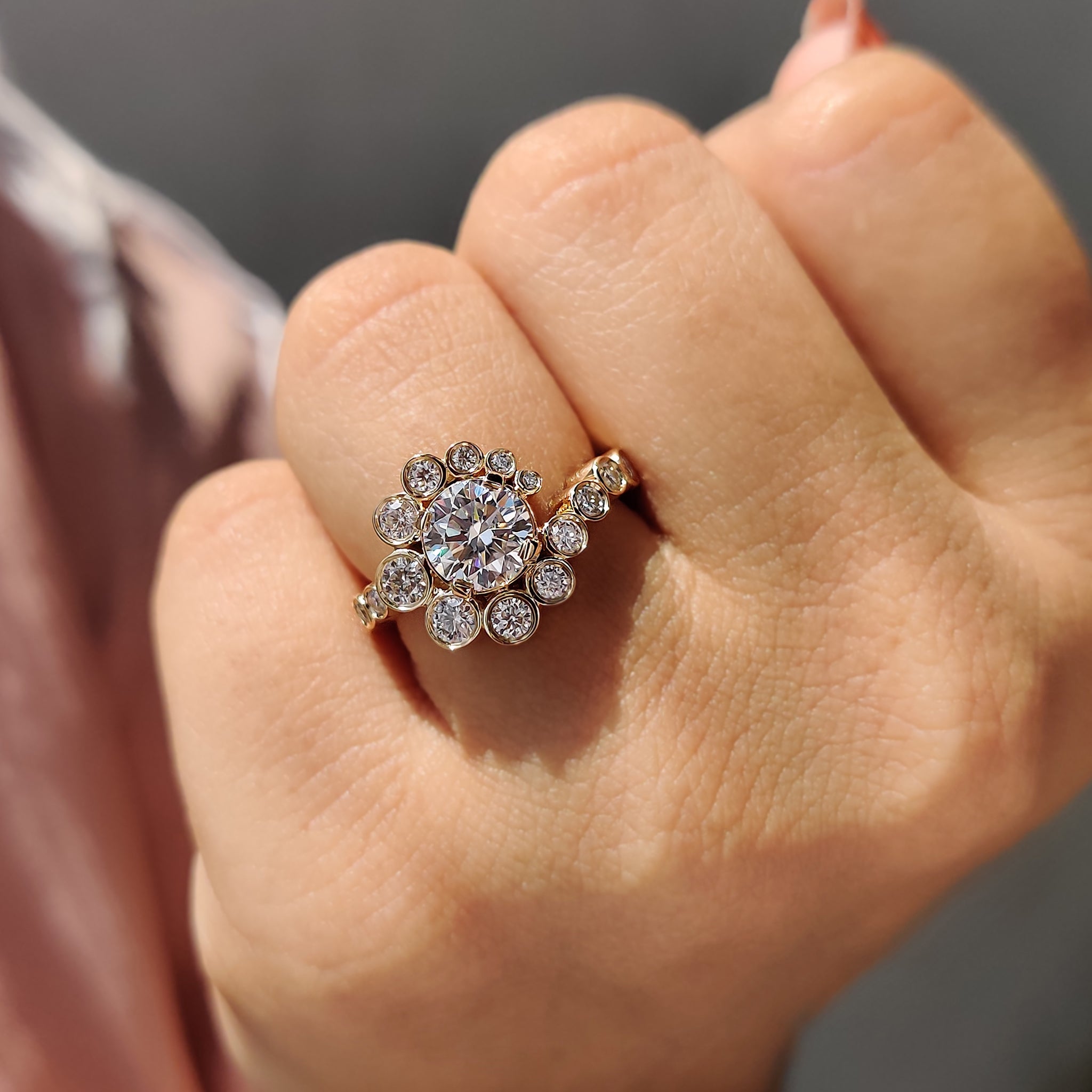 Round Cut Pave Band engagement ring set in yellow gold with exquisite detailing.
