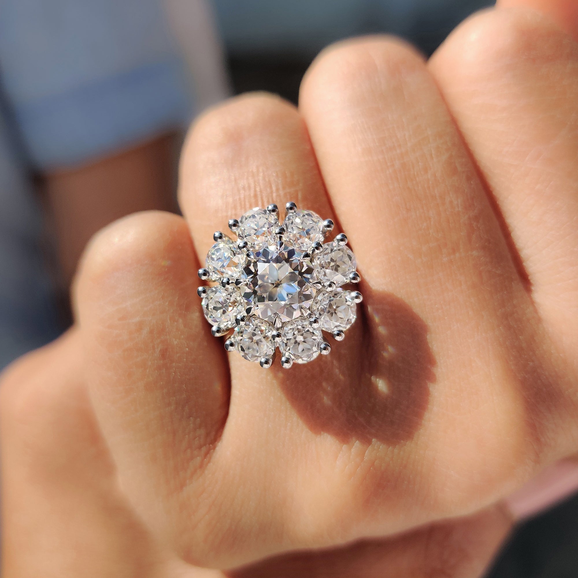 Handmade white gold cluster engagement ring