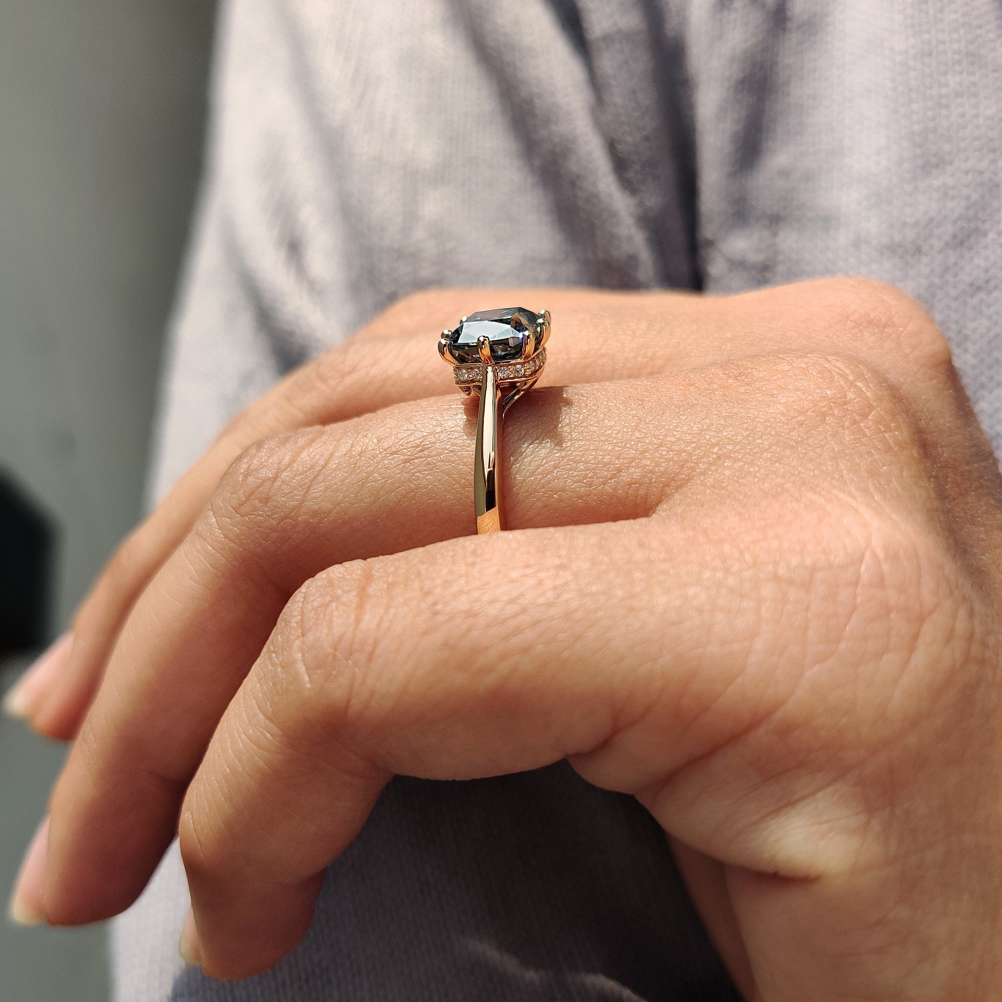 Round cut moissanite set lights up with endless glow.