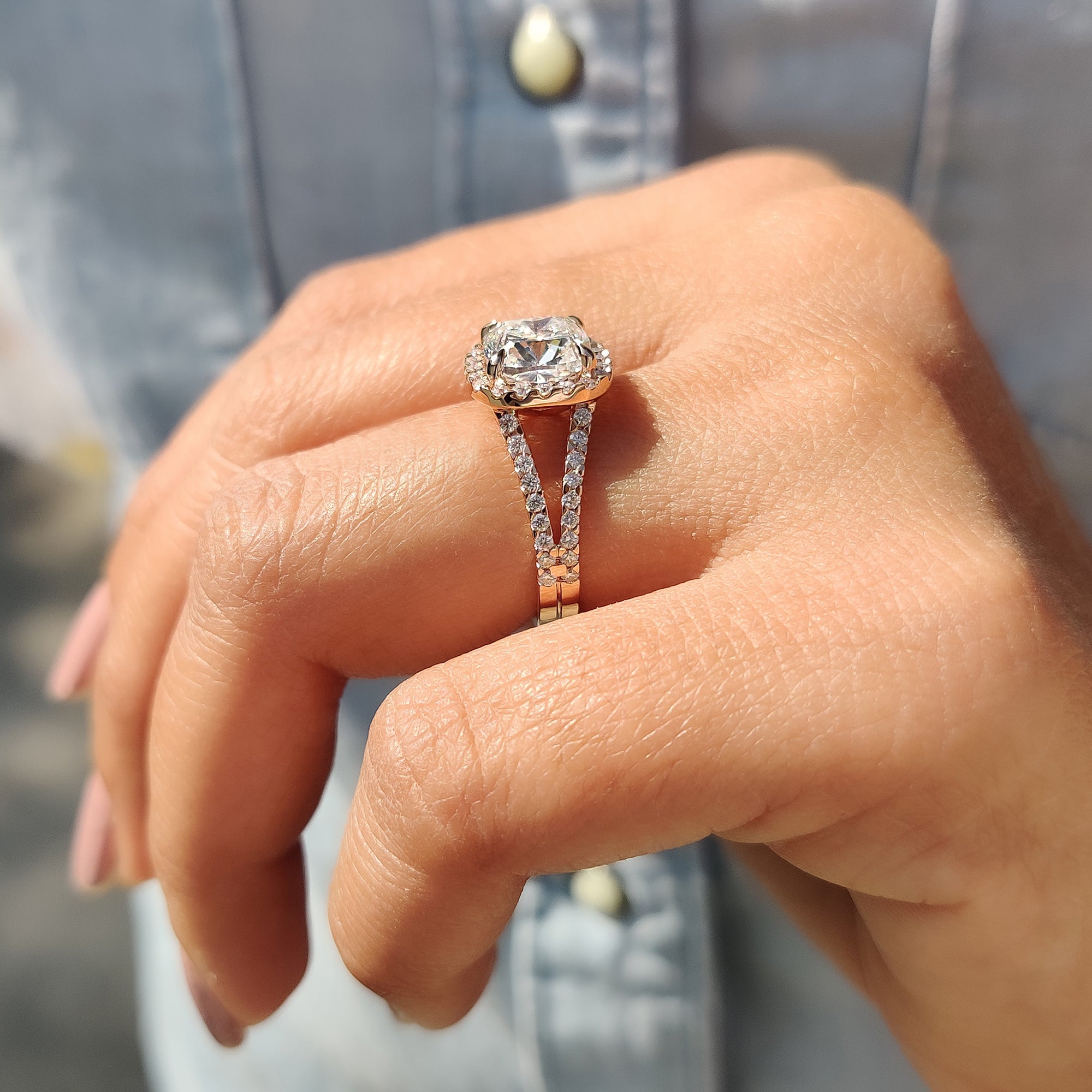 engagement ring with a 4 claw prong setting and halo, one of the best engagement ring styles available.
