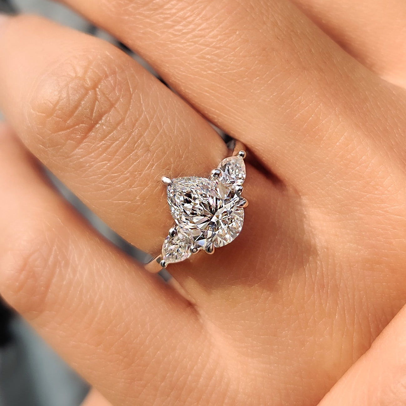 Three Stone Diamond Ring in Pear Diamond Setting