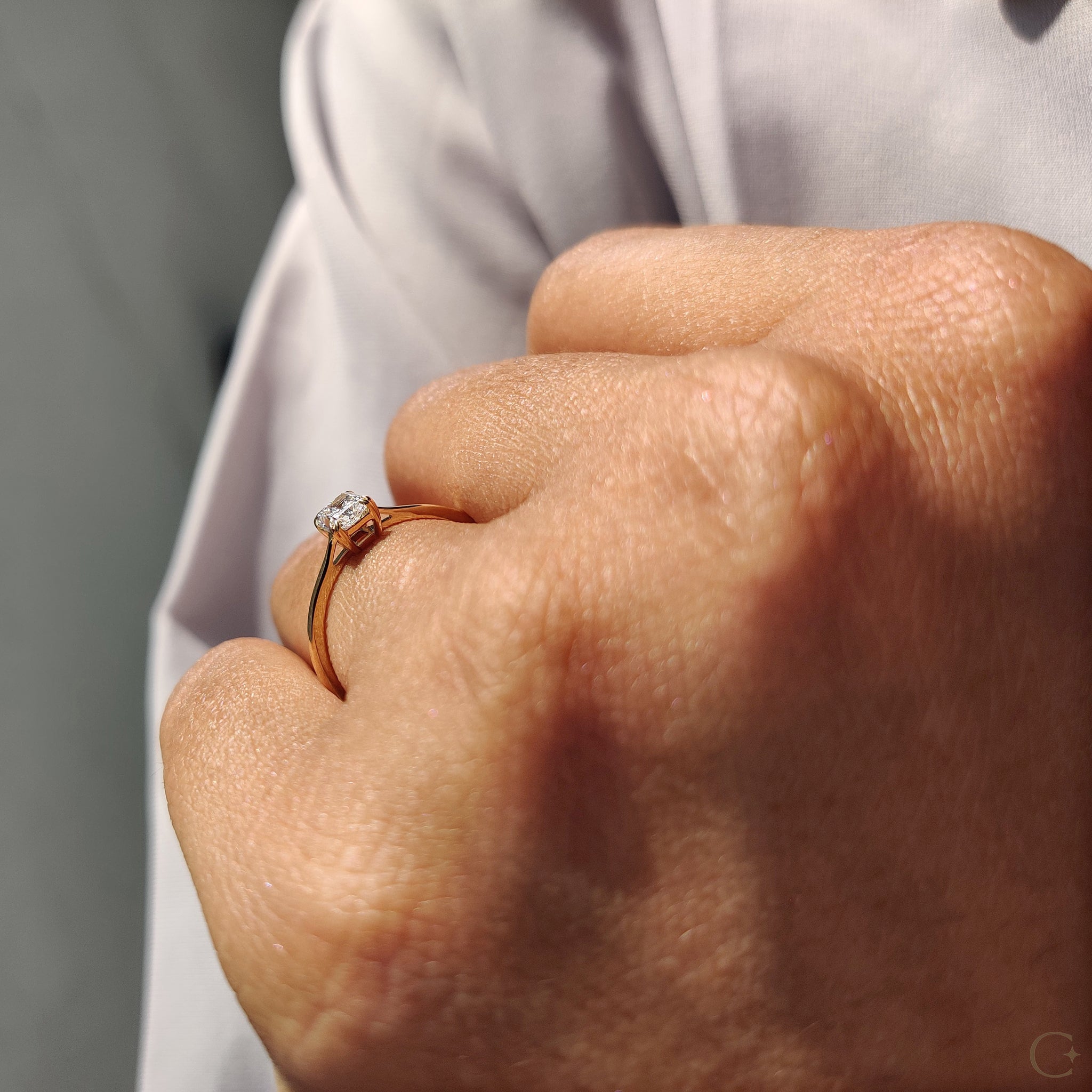 Lab grown diamond radiant cut engagement ring with IGI certification.
