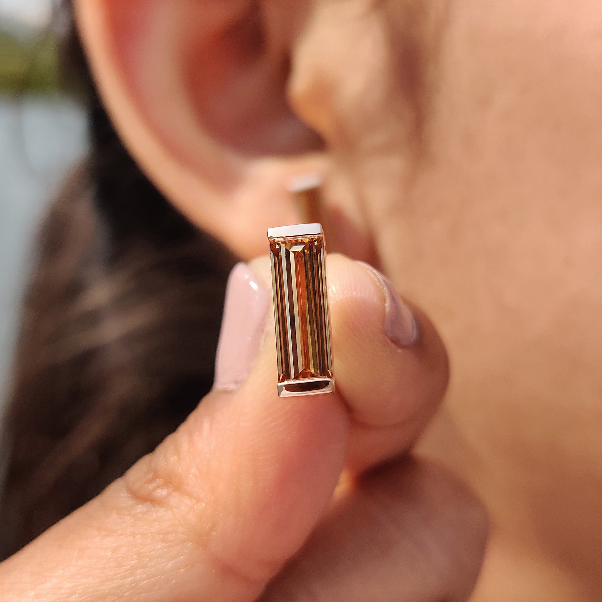 Screw back earrings attached to Bar Setting Earrings for secure fit and round-the-clock comfort.
