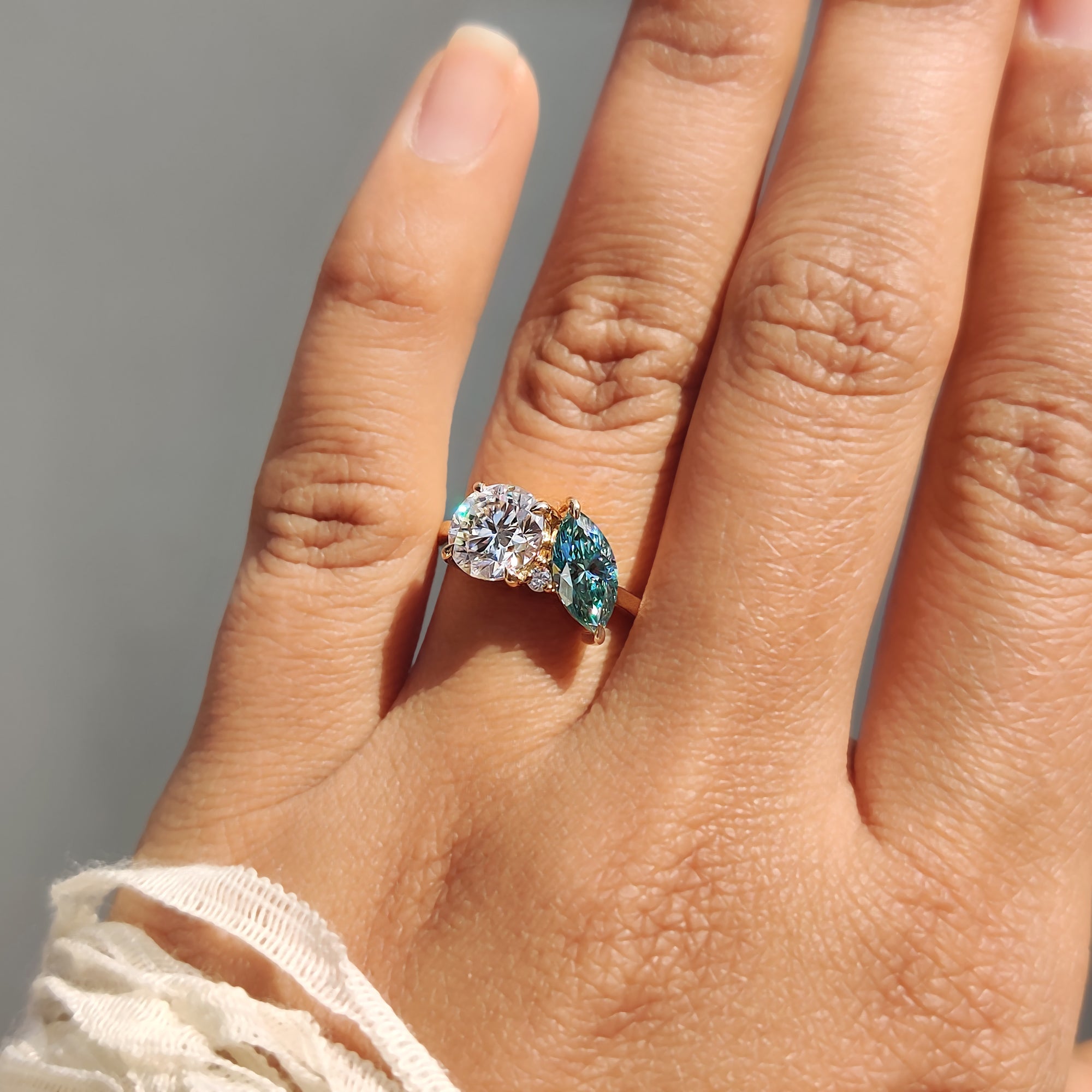 Marquise moissanite ring shows pure beauty and graceful light.
