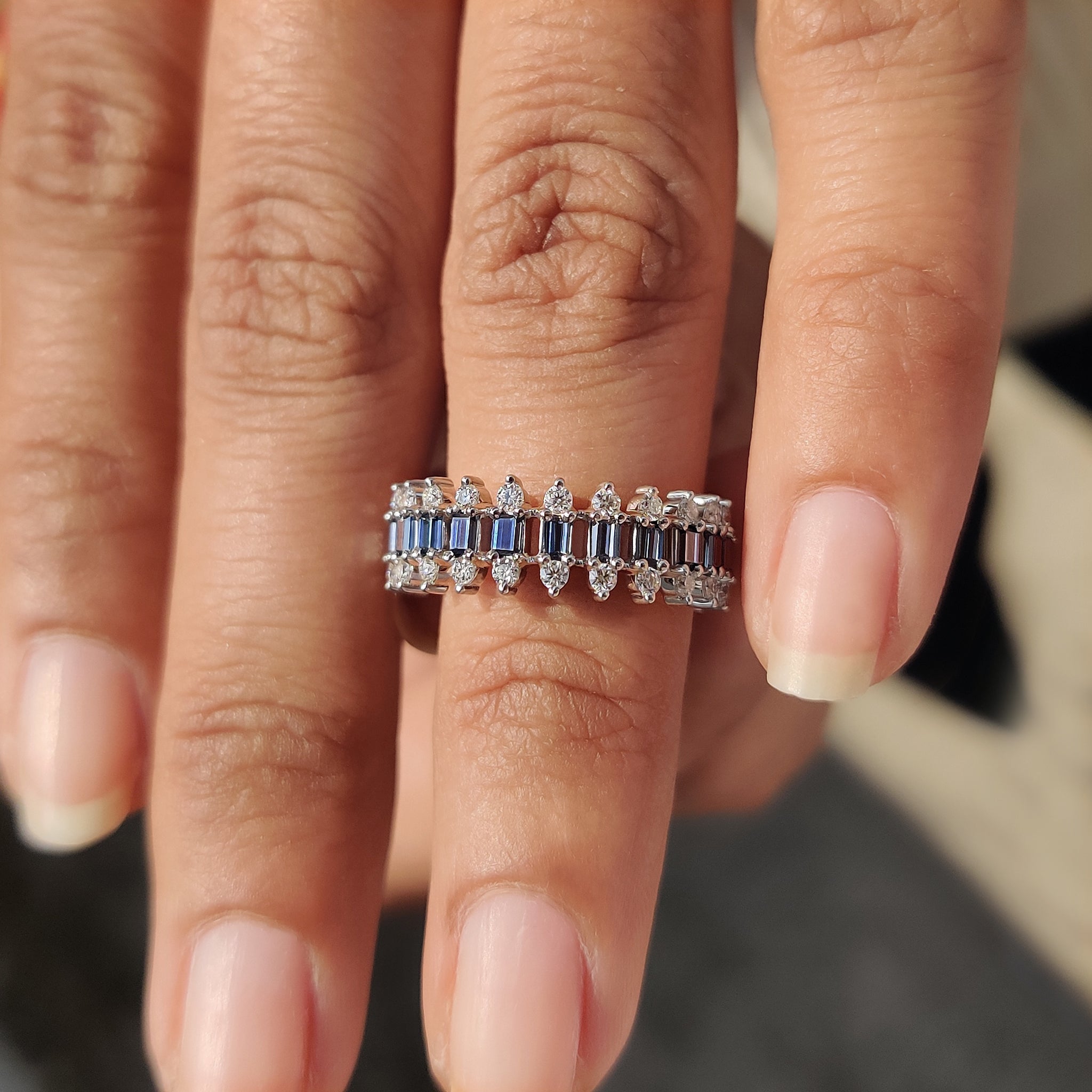Baguette And Round Cut 3 Row Diamond Band